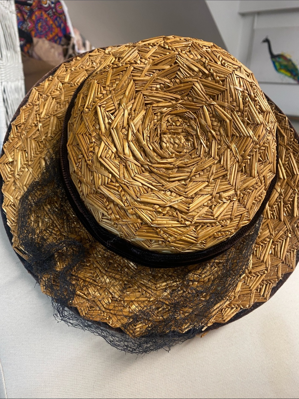 Vintage Straw Boater Hat with Black Veil abd velvet trim- 1940s